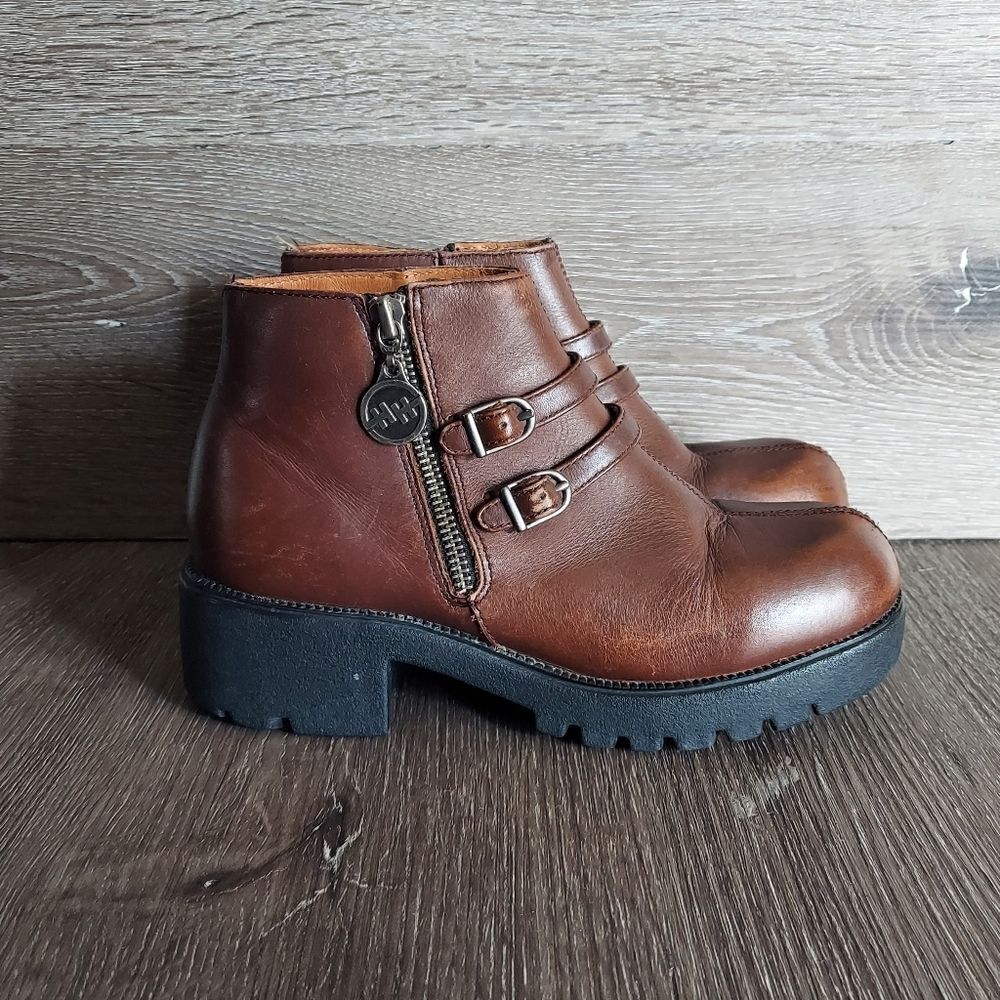 Double H Chunky Heel Platform Brown Leather Ankle Boot Size 7
